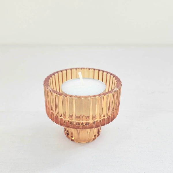 Ribbed Two Way Candle Holder - Amber Glass Votive